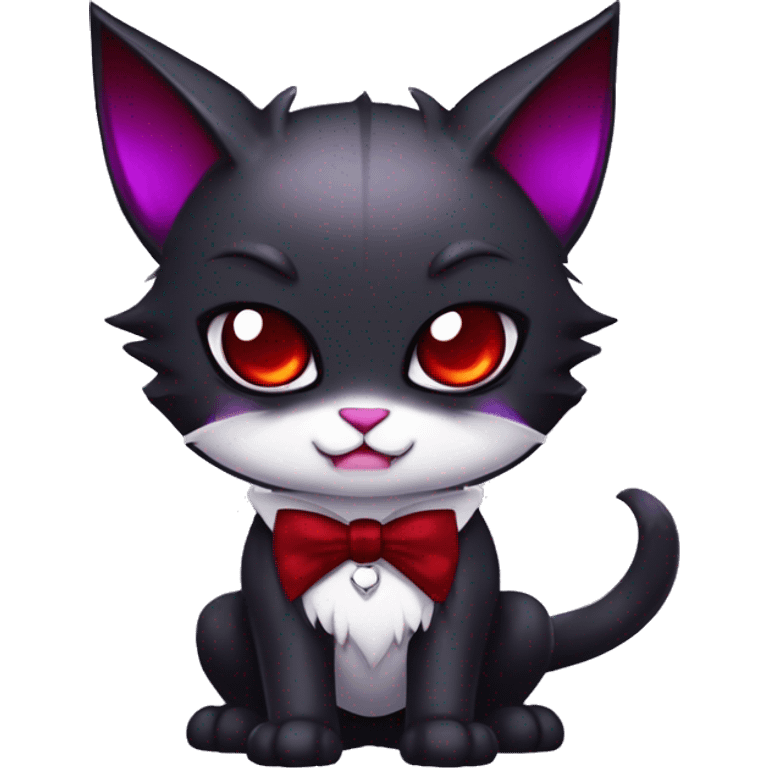 Cute-Evil-Vampiric-Batty-Cat-Black-Purple-Red-White-Contrast-Colors-Fantasy-Fur-Sona-Chibi-Shiny-Fakémon-Hybrid with horns and big fangs neck bow white tie leg spats full body emoji