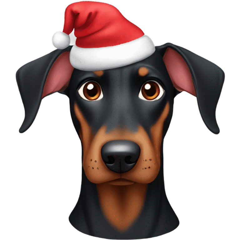 Doberman with floppy ears wearing a Santa hat emoji