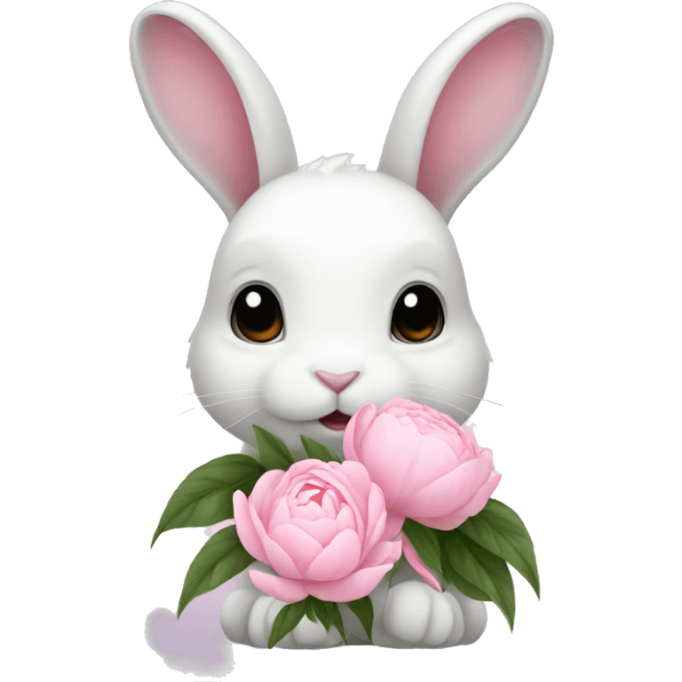 cute white bunny holding light pink peonies emoji