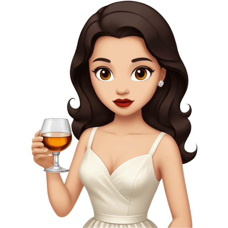 Beautiful woman in 1950’s woman fashion look, white dress, long dark brown hair, whisky with ice emoji