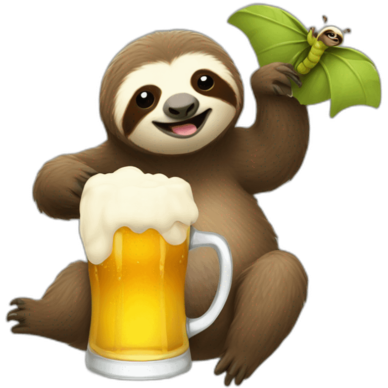 Sloth drinking beer and riding a flying caterpillar emoji