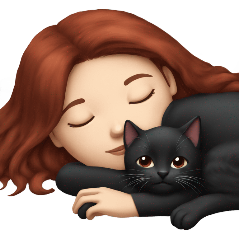 White skin dark red haired girl sleeping with black kitten emoji