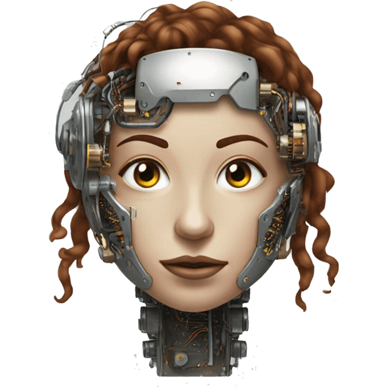 metal female cyborg head with brown curly hair and circuitry emoji