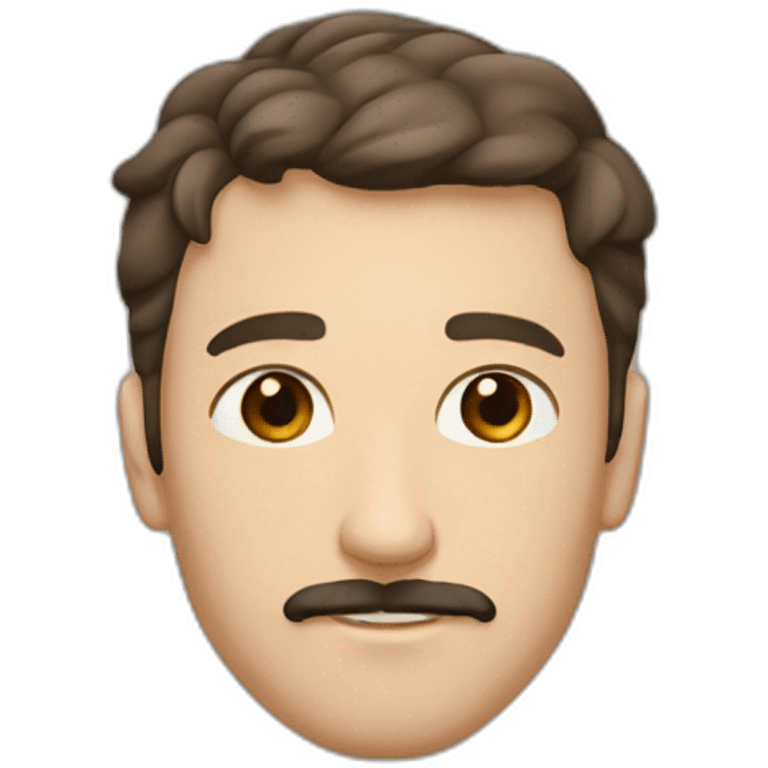 A young Caucasian man with dark brown eyes, almond-shaped eyes, short dark brown hair, and a small dark brown beard with a more prominent mustache. emoji