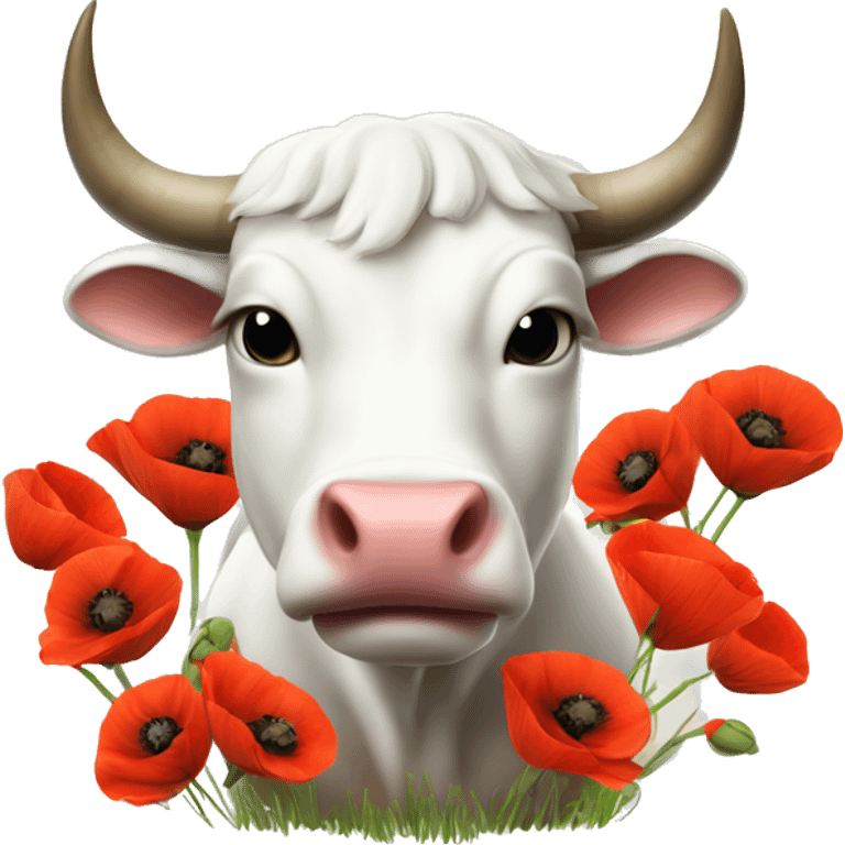 Realistic cute White Bull Ox with many poppies on big horns emoji