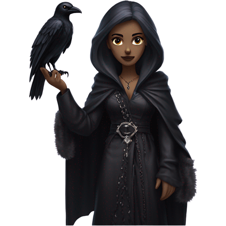 the morrigan goth woman version vines style furr robe stylish boots, perfect eyes, raven on hand emoji