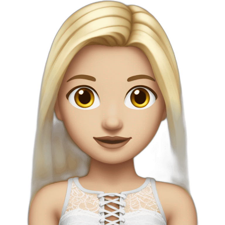 realistic caucasian female, long straight blonde hair, white lace up crop top, grey mini skirt, body view emoji