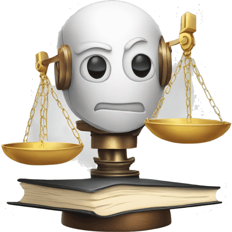 a balance of justice with a robot head in one side and a book on the other side emoji