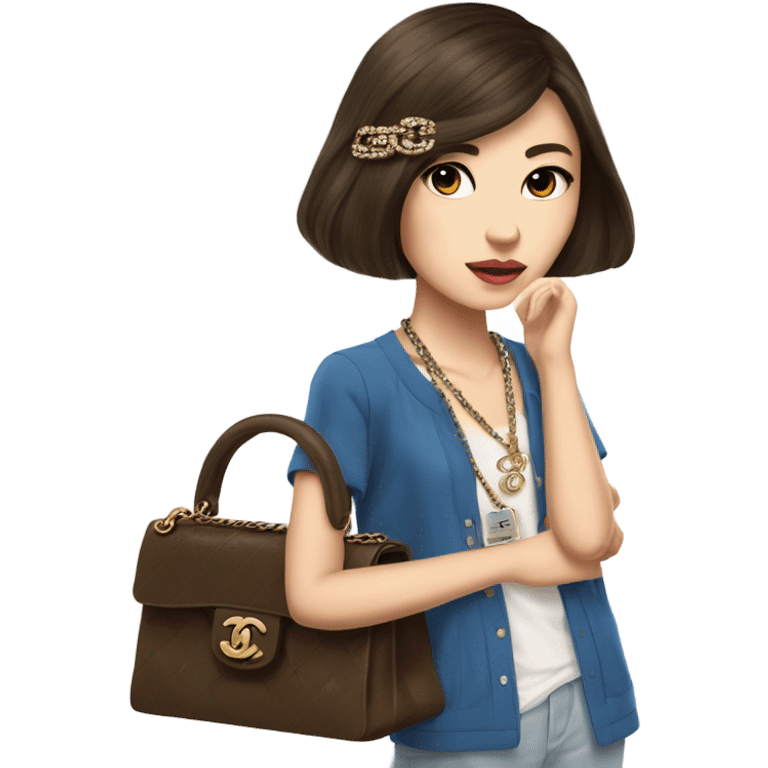 Realistic brown hair blue eyes Chanel Asian Girl with Birkin bag and Chanel necklace emoji