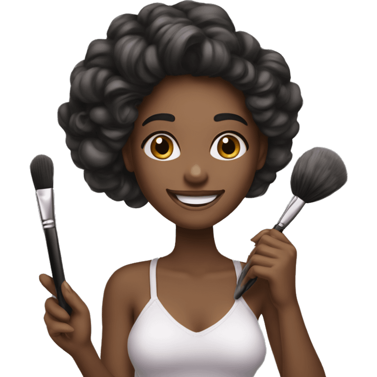 A makeup artist girl smiling with a makeup brush in her two hands with long hair emoji