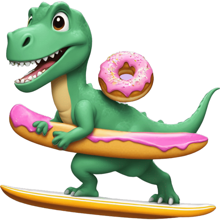 Dinosaur riding a surf board eating a donut. Make it look cartoony  emoji