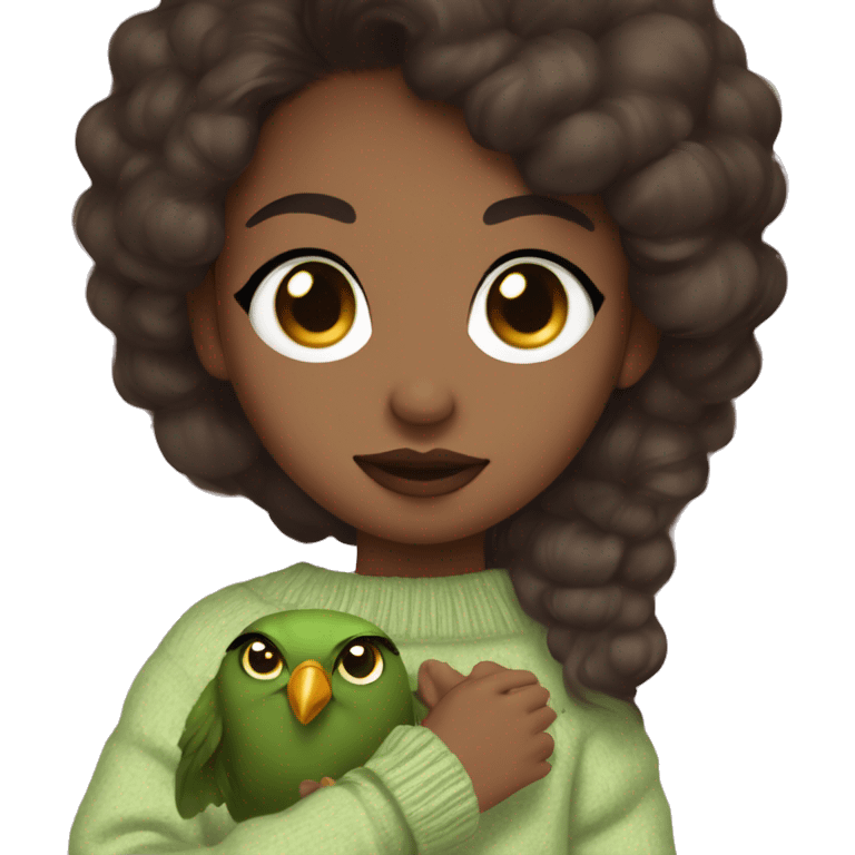 Dark brown haired girl, brown eyes, brown skin, long lashes, big rosé lips, matcha green sweater, holding a bird in arms emoji