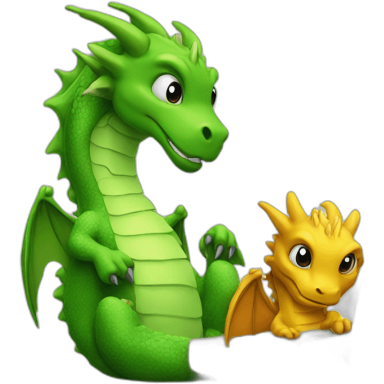 two dragon friends different colors looking at a computer emoji