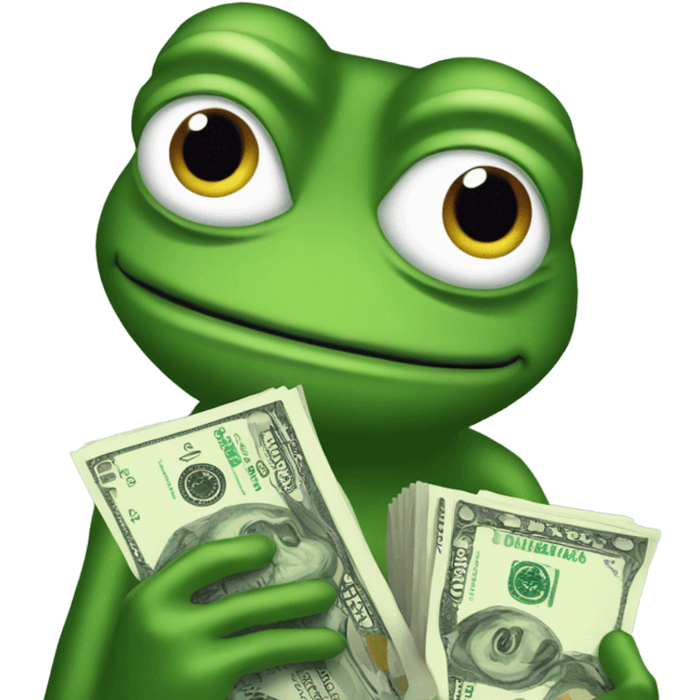 pepe the frog holding up a stack of dollar bills emoji