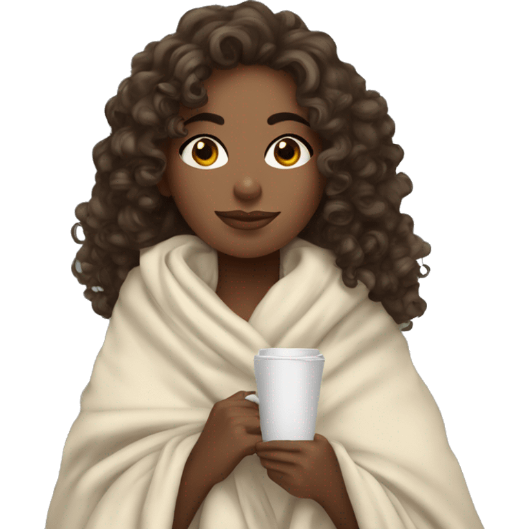 brunnette curly hair girl wrapped in big blanket drinking coffee emoji