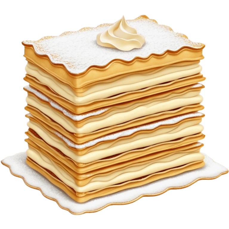 Cinematic delicate mille-feuille, thin crispy pastry layers filled with smooth vanilla cream, dusted with powdered sugar, elegant presentation, highly detailed and sophisticated. emoji