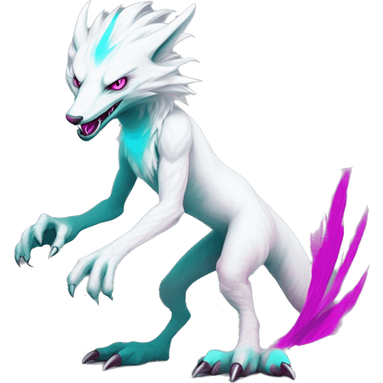 White elegant beautiful natural cute badass epic anthro modern albino sergal-vernid-Fakémon with cyan mane and magenta eyes with cyan edgy stripes, anthropomorphic, two-legged, digitigrade, full body emoji