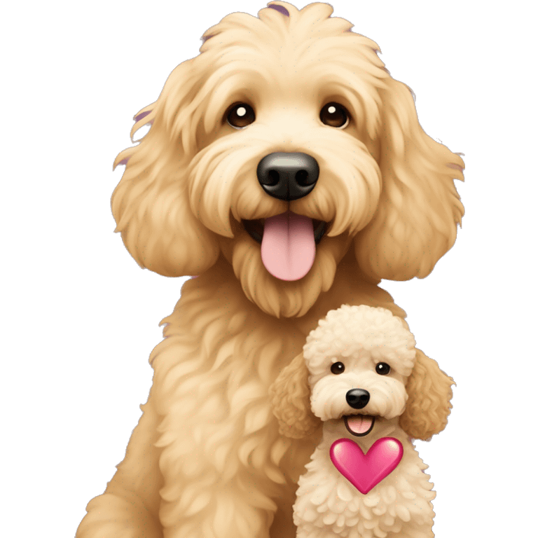 A goldendoodle and a miniature poodle hugging with heart emoji