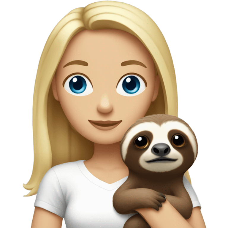 Lady with shoulder length blonde hair and blue eyes in white t-shirt holding a sloth emoji