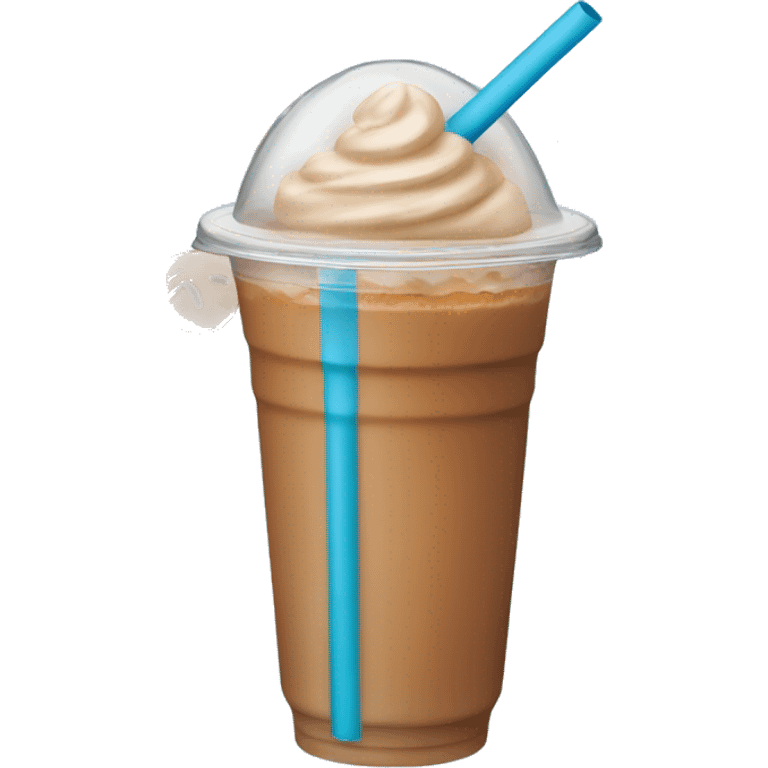 Iced caramel macchiato with a lid and light blue straw emoji