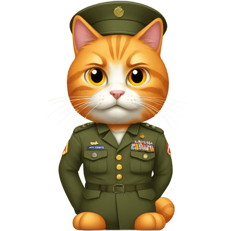 Angry orange cat in Army uniform, full body emoji