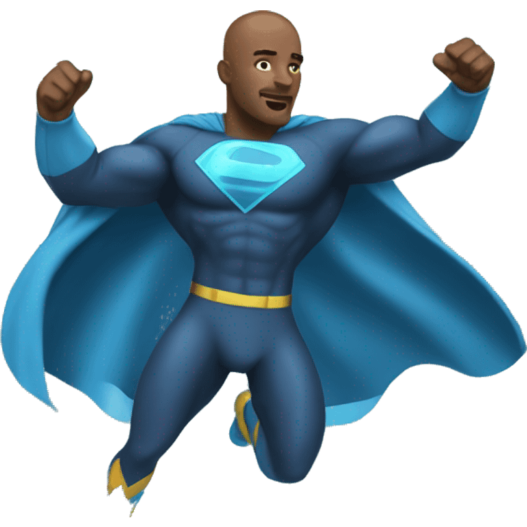 A bald black man in a blue superhero outfit standing on a wave emoji