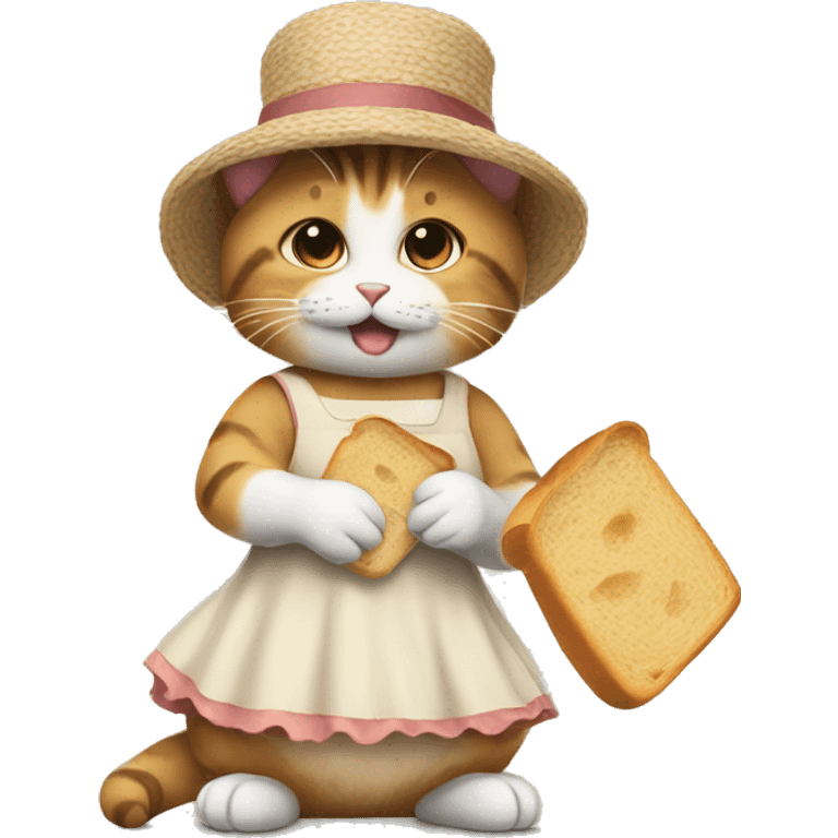 a cat eating bread wearing a dress and a hat emoji