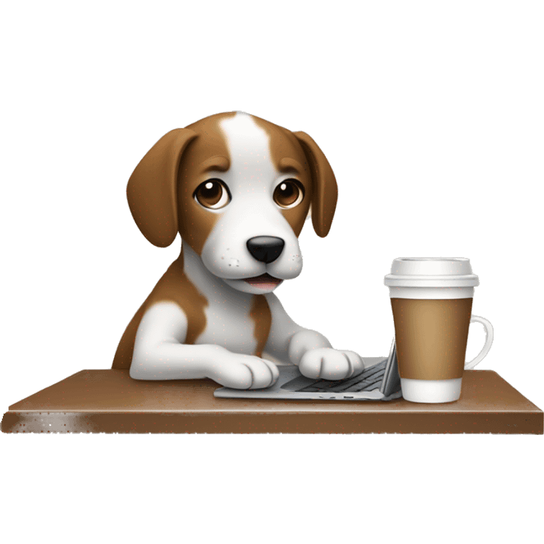 A hip puppy who is developing while drinking coffee in front of a laptop emoji