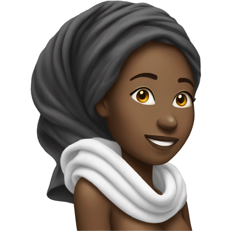 Black woman smiling with a towel covering her hair  emoji