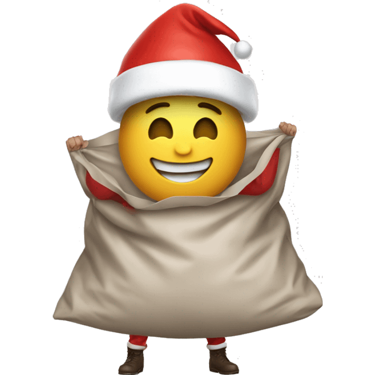 A guy with a huge plastic bag in a Santa costume emoji