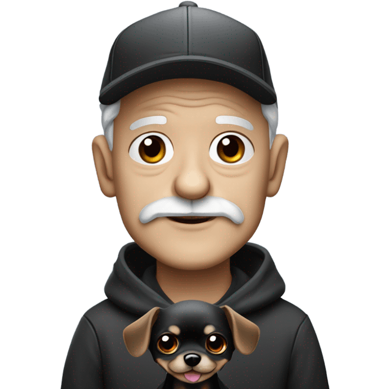 Old man with blue eyes goatee beard ball cap holding cute black long fur Chihuahua emoji