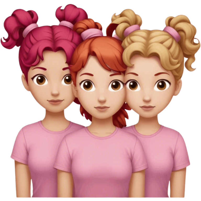 Three sisters one of them have red hair with buns. One of them have dirty blonde hair with ponytail. One of them have white curls with light brown hair hair and they are all wearing pink shirts emoji