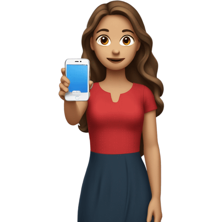 a white girl with long brown hair in a red dress holding a cell phone showing it emoji