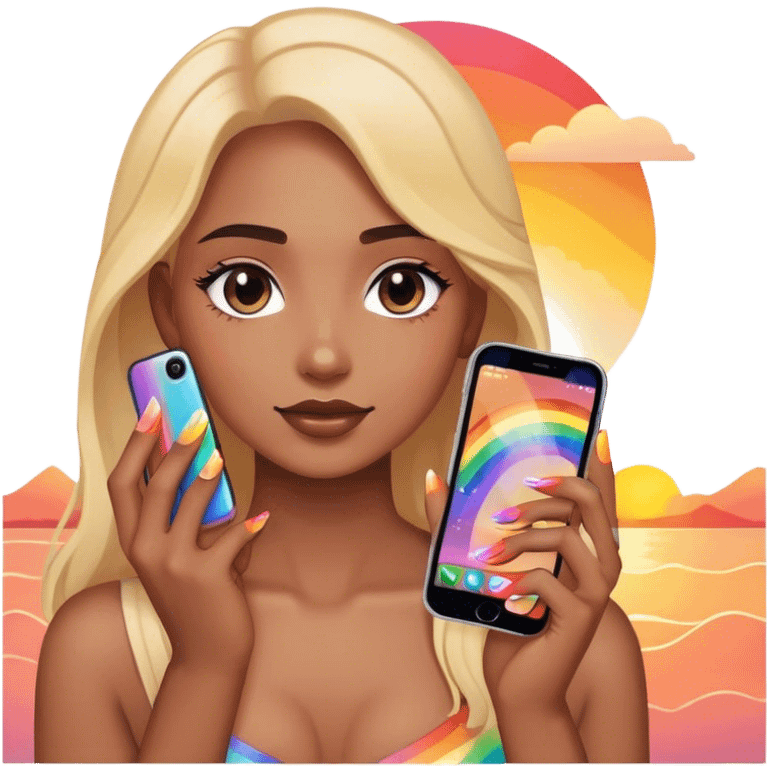 A person holding a phone with a sunset, phone cover and with rainbow nails emoji