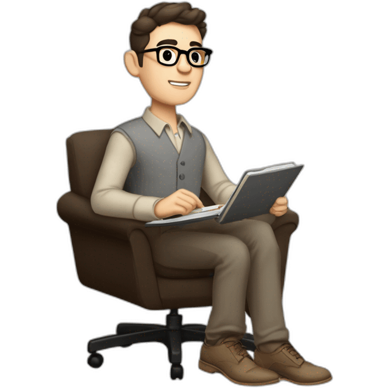 Pale skinned Fit Man With dark brown hair in gray jacket, beige office shirt, Brown pants and vintage glasses sitting In a soft chair with a notebook on spring with emblem Ψ and a pen emoji