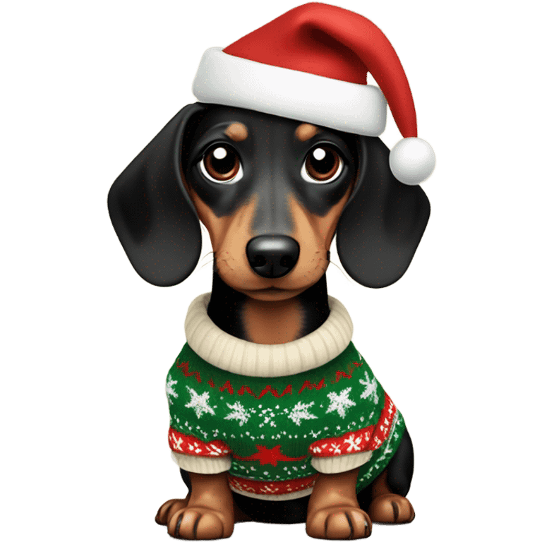 Black and cream mini dachshund wearing a Christmas sweater  emoji