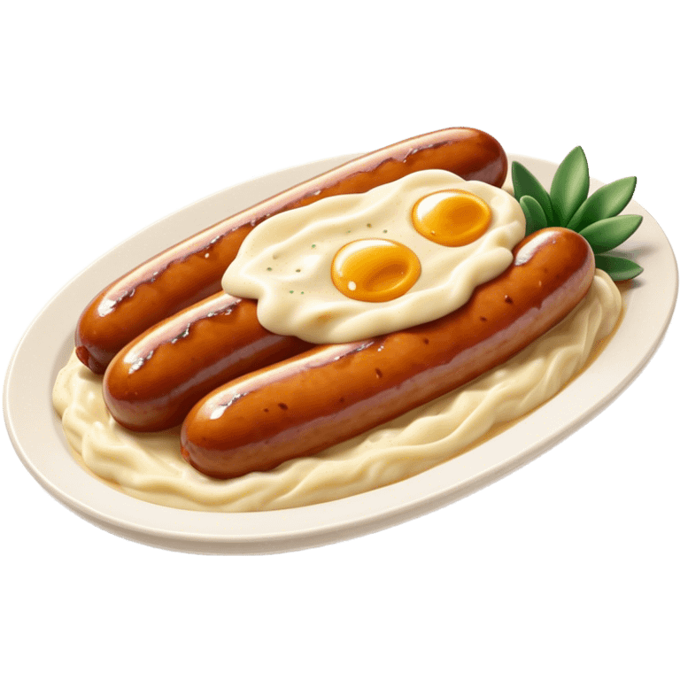 Cinematic Realistic Bangers and Mash Dish Emoji, featuring succulent pork sausages paired with creamy mashed potatoes rendered with detailed textures and natural highlights that emphasize its robust, hearty flavor. emoji