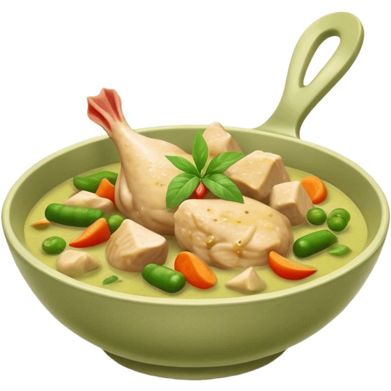 Green Chicken Curry Cinematic Realistic Green Chicken Curry Dish Emoji, depicted as tender chicken chunks simmered in a fragrant green curry sauce with vegetables, rendered with vivid textures and dynamic, vibrant lighting. emoji