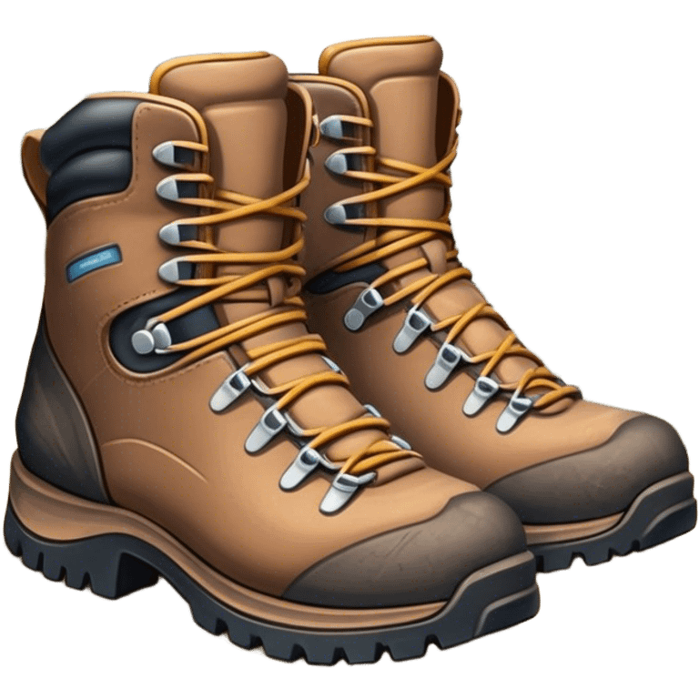 Cinematic Realistic Hiking Boots, well-worn leather boots resting on a rocky trail, scuffed edges and dirt-speckled laces adding character, glowing softly under the dappled sunlight filtering through the trees. emoji