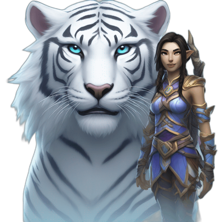 warcraft night elf hunter female next to large white tiger emoji