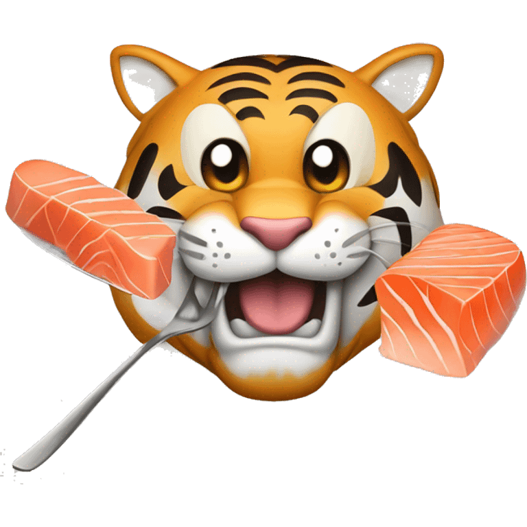 a muscular grinning tiger holding a fork poking into a fillet of salmon with the tip of its paws emoji