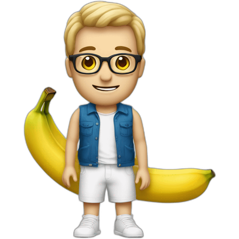 Uomo bianco pelato con occhiali e pizzetto lancia una banana emoji