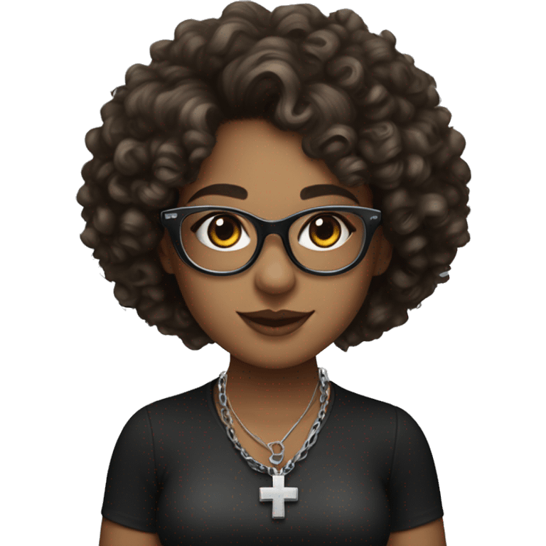 Make a girl with curly haired brown leopard glasses with a silver cross necklace around her neck and a black cleavage top emoji