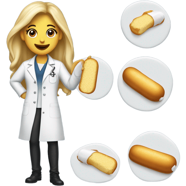 A Twinkie with cream spilling out of it, wearing a lab coat with long female hair and a beautiful female smile emoji