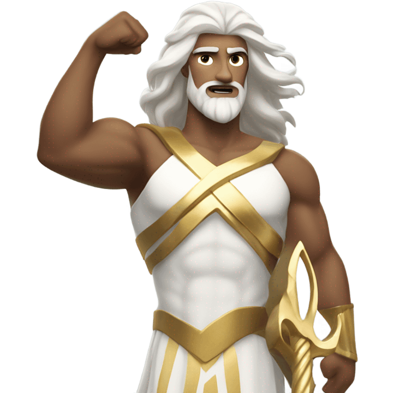 white Poseidon with gold Trident. long white hair white dress. show biceps muscle emoji