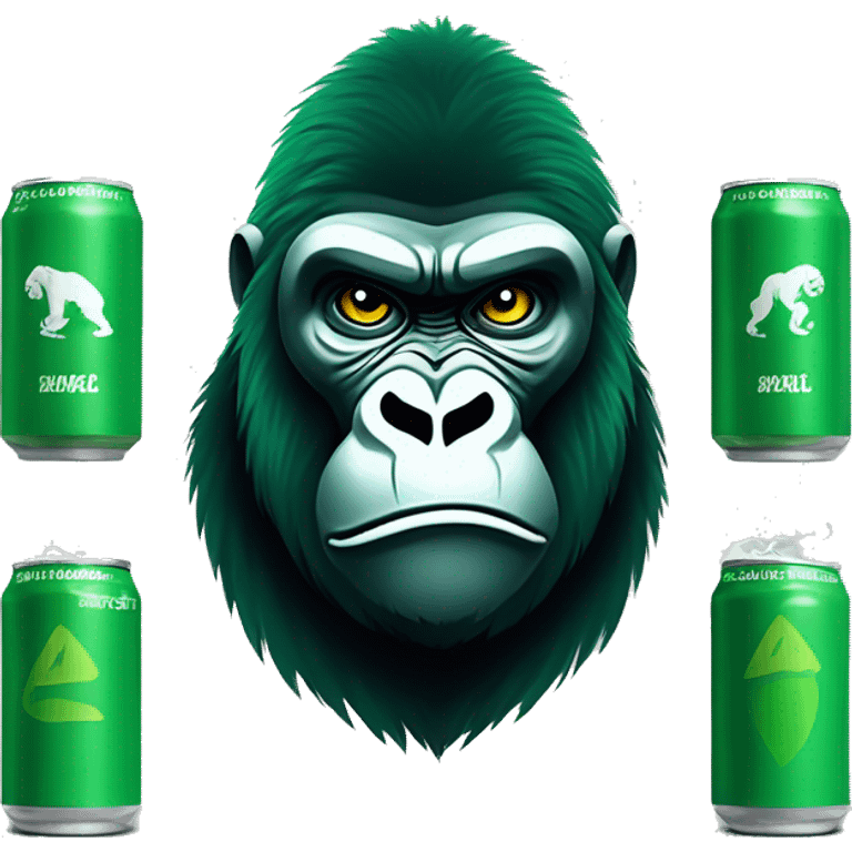 Create an emoji of a gorilla’s face with a determined and fierce expression. Use different shades of green for the entire design, matching the green color palette of the energy drink can. The design should be bold and eye-catching emoji