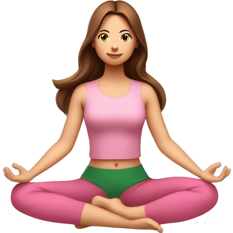 A girl with brown long hair, fair skin and green eyes is meditating in a relaxed lotus position in a comfortable pink top and pink leggings emoji