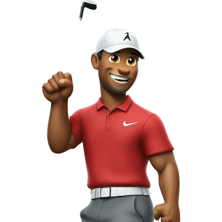 Tiger woods fist pumping while wearing red shirt holding putter in left hand emoji