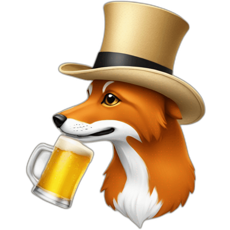 A dog like a fox drinking a beer with a high hat emoji