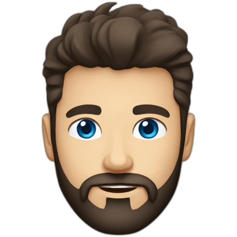 White man with a sun kissed tan and blue eyes. His hair is dark brown, styled sideways backwards. He has a beard and mustache trimmed. Wears s black t-shirt. emoji